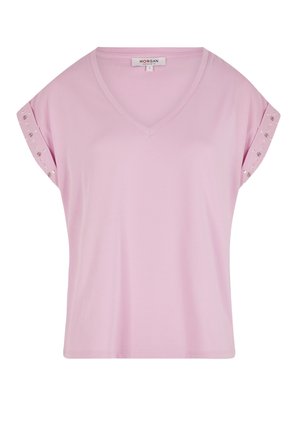 T-shirt rosa a maniche corte con scollatura a V realizzato in tessuto morbido, caratterizzato da borchie argentate sulle maniche e una vestibilità comoda.