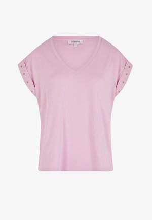 Roze korte mouwen V-hals T-shirt van zachte stof, voorzien van zilveren studs op de mouwen en een relaxte pasvorm.