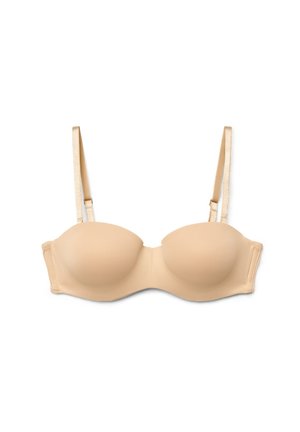 Reggiseno beige senza spalline con sottili spalline regolabili e coppe imbottite, disteso su uno sfondo bianco.