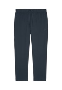 Dark navy jogger pants made of soft fabric, featuring an elastic waistband with a drawstring, and a subtle logo on the lower left leg.