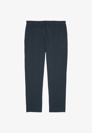 Dark navy jogger pants made of soft fabric, featuring an elastic waistband with a drawstring, and a subtle logo on the lower left leg.