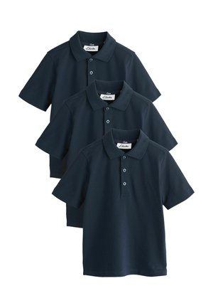 Three navy blue short-sleeve polo shirts with collars and two-button plackets, layered and displayed against a white background.