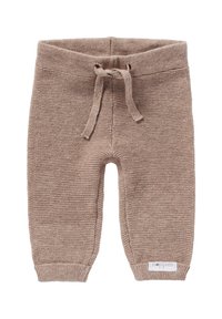 Häkeln Sie Babypants in einem hellbraunen Farbton mit einem Zugbandbund, strukturiertem Stoff, gerippten Bündchen und einem kleinen Markenlabel an der Seite.