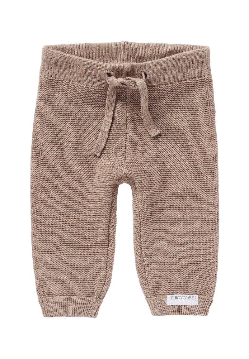 Häkeln Sie Babypants in einem hellbraunen Farbton mit einem Zugbandbund, strukturiertem Stoff, gerippten Bündchen und einem kleinen Markenlabel an der Seite.