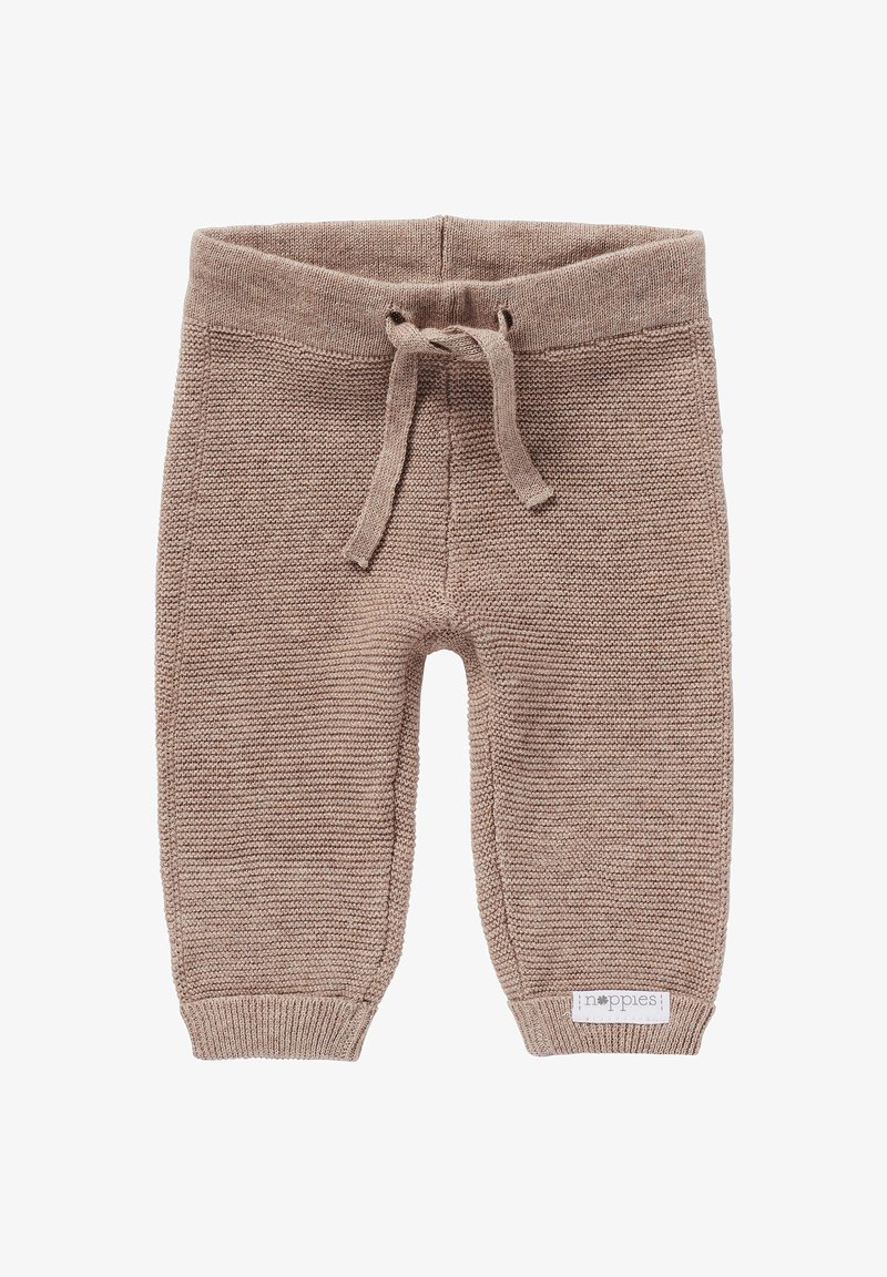 Häkeln Sie Babypants in einem hellbraunen Farbton mit einem Zugbandbund, strukturiertem Stoff, gerippten Bündchen und einem kleinen Markenlabel an der Seite.