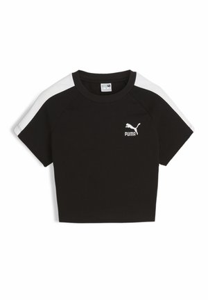 Černý cropped top vyrobený z bavlny, s krátkými raglánovými rukávy s bílými akcenty a malým bílým logem Puma na přední straně.