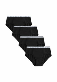 Black cotton underwear featuring a white elastic waistband with "NEXT" branding, in a pack of four. Classic brief shape and smooth texture.