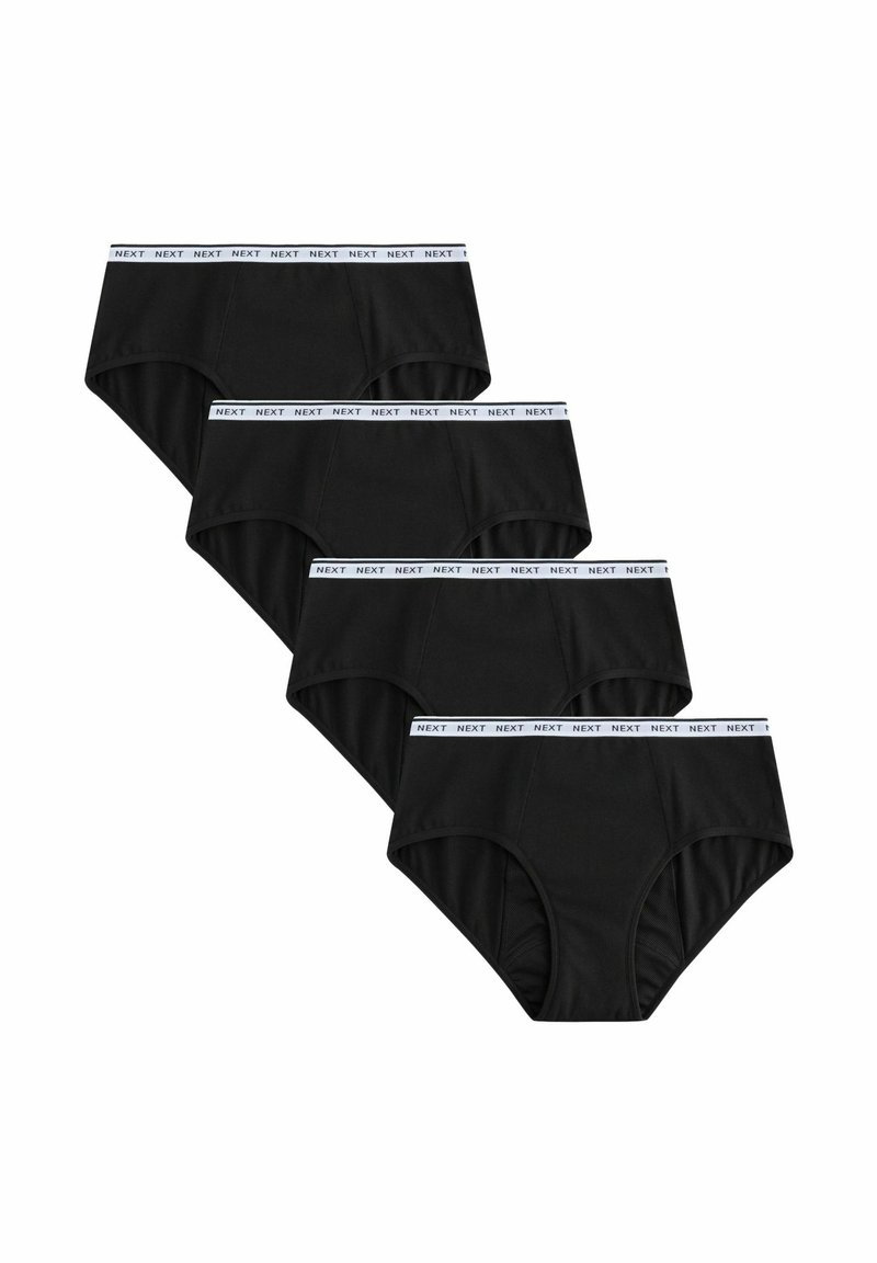 Black cotton underwear featuring a white elastic waistband with "NEXT" branding, in a pack of four. Classic brief shape and smooth texture.