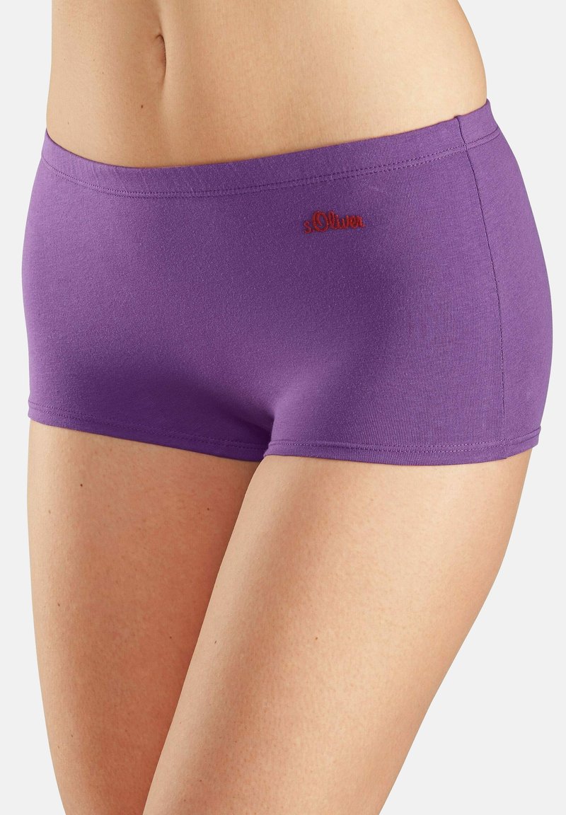 Boxer in cotone viola con una texture liscia e cintura elastica. Presenta un piccolo logo rosso ricamato sul lato.