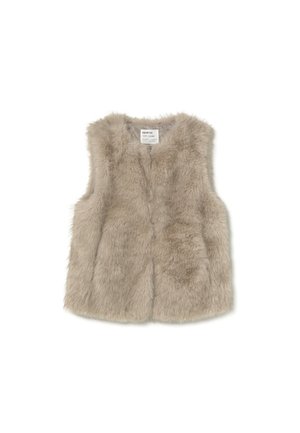 Chalecos sin mangas de piel sintética beige con un escote redondo y una textura suave y esponjosa, expuestos planos sobre un fondo blanco.