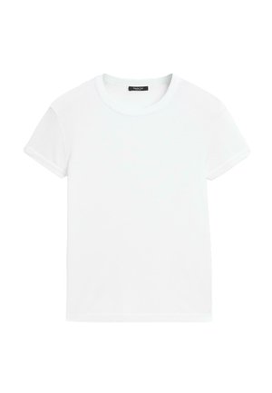 Witte T-shirt met korte mouwen, gemaakt van zachte katoen, met een ronde halslijn en een ontspannen pasvorm met omgerolde zoomdetails. Geen patronen of accenten.