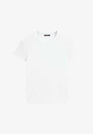 Weißes Kurzarm-T-Shirt aus weicher Baumwolle, mit Rundhalsausschnitt und entspannter Passform sowie gerollten Säumen. Keine Muster oder Verzierungen.