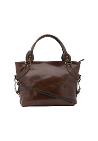 Borsa a tracolla in pelle marrone con una texture liscia, manici superiori doppi e tracolla rimovibile. Presenta dettagli in metallo.