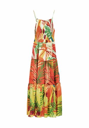 Rochie maxi colorată, cu volane, cu bretele subțiri, cu modele îndrăznețe de flori și frunze în roșu, verde, galben și alb. Material ușor.
