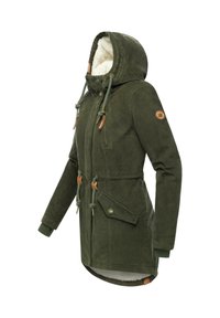 Corduroy jacket in dark green with a hood, featuring a soft lining, drawstrings, two front pockets, and leather accents.