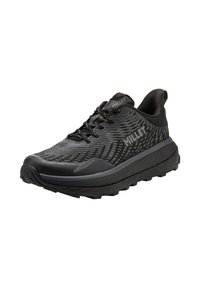 Chaussure de course noire avec tige texturée, motifs dynamiques, semelle en caoutchouc robuste et accents gris contrastants. Lacée avec des lacets durables.