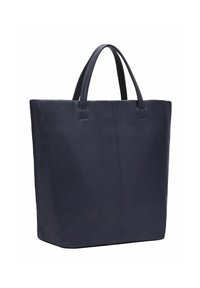 Granatowa skórzana torba typu tote z dwoma krótkimi uchwytami, prostokątnego kształtu i gładką, nieozdobioną powierzchnią.