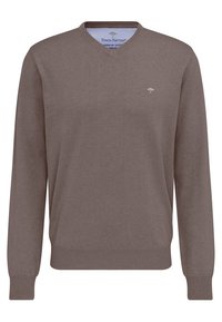 Brown v-neck sweater made from soft material, featuring long sleeves and ribbed cuffs. Embroidered logo on the chest.