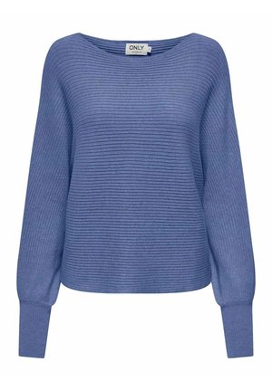 Blå ribbestrikket genser med en vid halslinning og lange, lett puffede ermer. Myk tekstur og avslappet passform.