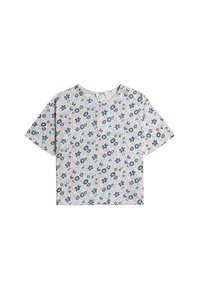 Kortærmet crop top med et mønster af små marineblå, lyserøde og blå blomster på en lys baggrund.