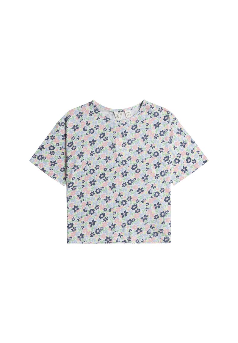 Kortærmet crop top med et mønster af små marineblå, lyserøde og blå blomster på en lys baggrund.