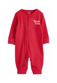 Rød riflet babydragt med lange ærmer og lynlås foran. Har "Santa Baby" broderi og afsluttede mansjetter for en tæt pasform.