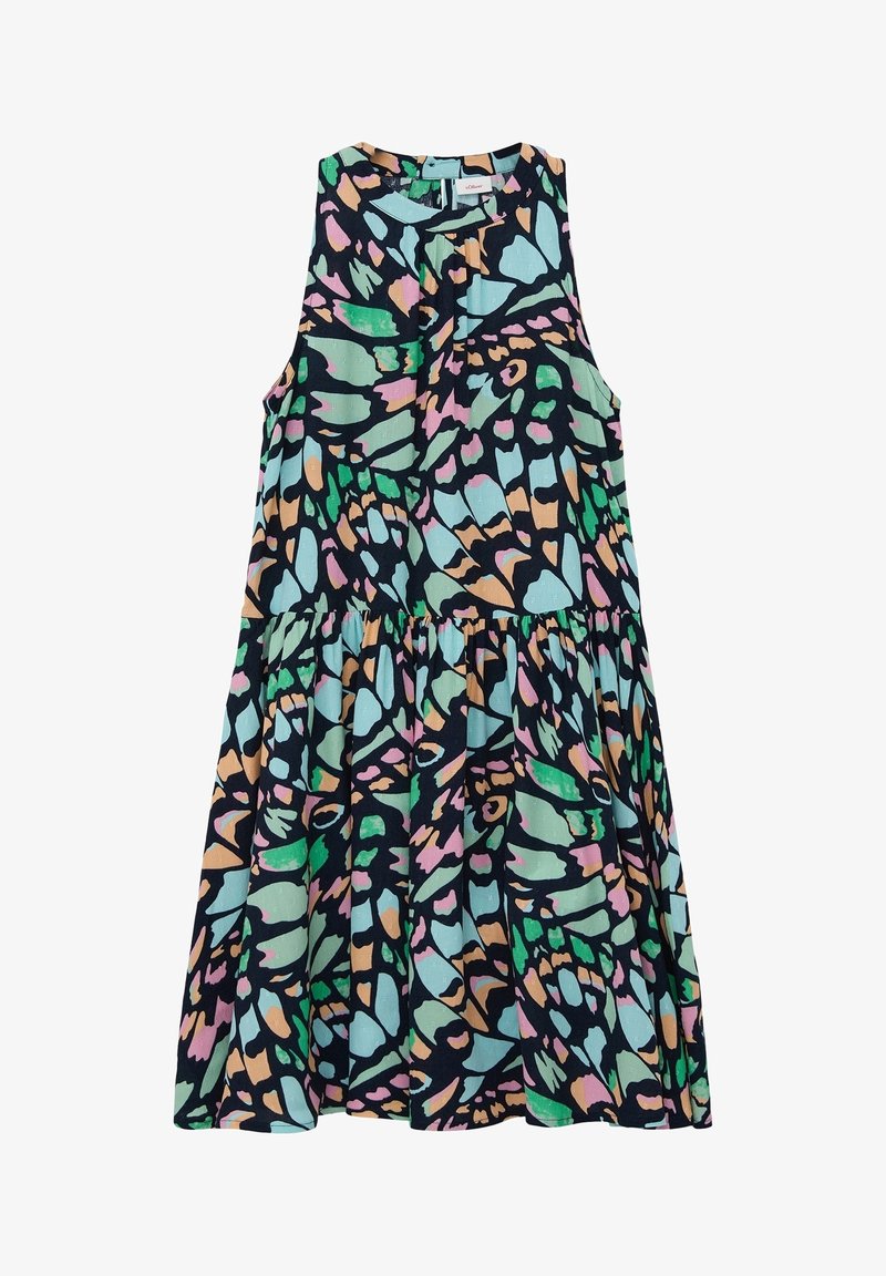 Robe sans manches avec jupe froncée, présentant un motif coloré et abstrait d'ailes de papillon en bleu pastel, vert, rose et pêche sur fond noir.