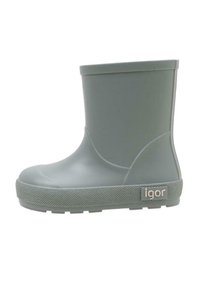 Bota de lluvia de goma gris con puntera redondeada, suela texturizada y un acabado liso. Presenta un logotipo en el costado y un caño de altura media.