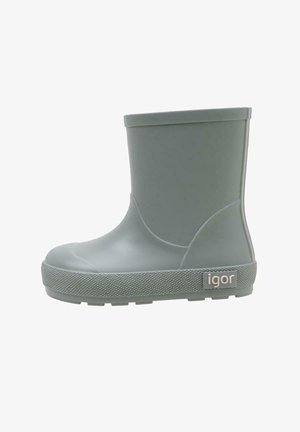 Botte de pluie en caoutchouc grise avec un bout arrondi, une semelle texturée et une finition lisse. Présente un logo sur le côté et un tige de hauteur intermédiaire.