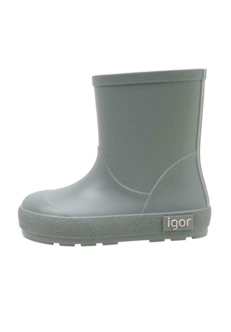 Bota de lluvia de goma gris con puntera redondeada, suela texturizada y un acabado liso. Presenta un logotipo en el costado y un caño de altura media.