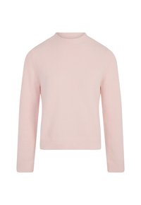 Hellrosa gestrickter Pulli mit rundem Halsausschnitt und langen Ärmeln. Weicher Stoff mit geripptem Saum und Bündchen. Einfaches, minimalistisches Design.