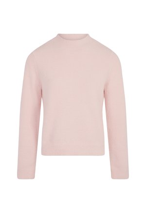 Lichtroze gebreide trui met een ronde halslijn en lange mouwen. Zachte textuur met een ribbelrand en manchetten. Eenvoudig, minimalistisch ontwerp.