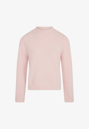 Lichtroze gebreide trui met een ronde halslijn en lange mouwen. Zachte textuur met een ribbelrand en manchetten. Eenvoudig, minimalistisch ontwerp.