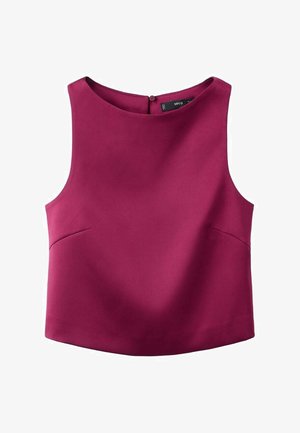 Top sin mangas color burdeos con escote redondeado, textura suave y costuras mínimas. Presenta un cierre de botón en la parte posterior y sutiles bolsillos laterales.
