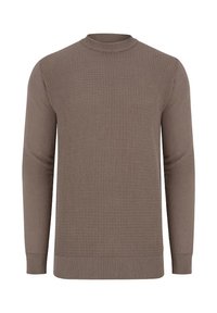 Brązowy, teksturowany sweter dzianinowy z okrągłym dekoltem i długimi rękawami. Prążkowane mankiety i dół, zapewniające dopasowany krój.
