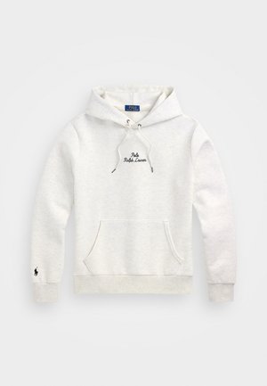Hvid Polo Ralph Lauren hættetrøje med front kængurulomme, justerbar snøre hætte og sort logo broderi på brystet og venstre ærmeknude.
