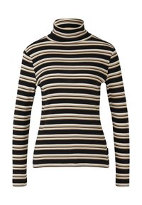 Czarny golf z długim rękawem z poziomymi paskami w kolorze kremowym i brązowym. Miękki materiał o wygodnie dopasowanym kroju.