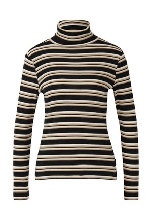 Schwarzer Rollkragen-Langarmoberteil mit horizontalen Streifen in Creme und Braun. Weicher Stoff mit bequem anliegendem Schnitt.