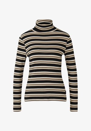 Zwarte coltrui met lange mouwen en horizontale strepen in crème en bruin. Zachte stof met een comfortabel aansluitend ontwerp.
