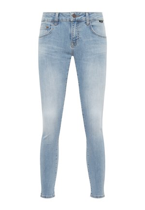 Helle blaue Skinny-Jeans aus Denim, mit mittelhohem Bund, Fronttaschen und einem klassischen Fünf-Taschen-Design mit subtilen Verwaschungen.