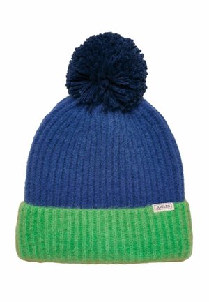 Knitted winter hat with blue body, green folded brim, dark blue pom-pom on top, and small "Joules" brand label on the brim.
