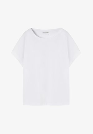 Tricou alb cu mânecă scurtă și decolteu larg. Realizat dintr-un material de bumbac moale, având o croială dreaptă și tiv cusut. Fără modele sau accente.