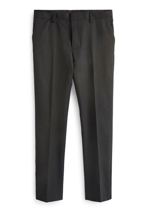 Black trousers made of smooth fabric, featuring a tailored design, straight legs, and front pockets. No visible patterns or hardware.