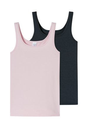 Two cotton tank tops, one light pink and one dark grey. Both feature wide straps and a straight hem, smooth texture, and minimal branding.