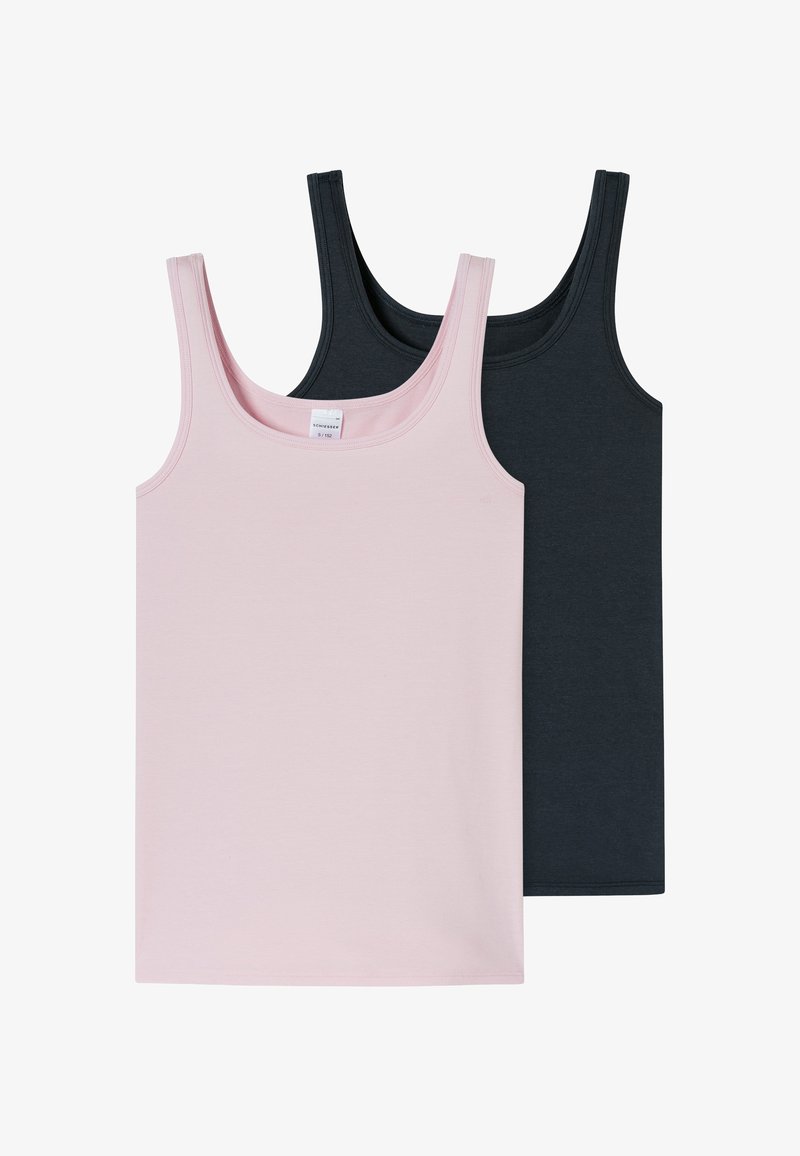 Two cotton tank tops, one light pink and one dark grey. Both feature wide straps and a straight hem, smooth texture, and minimal branding.