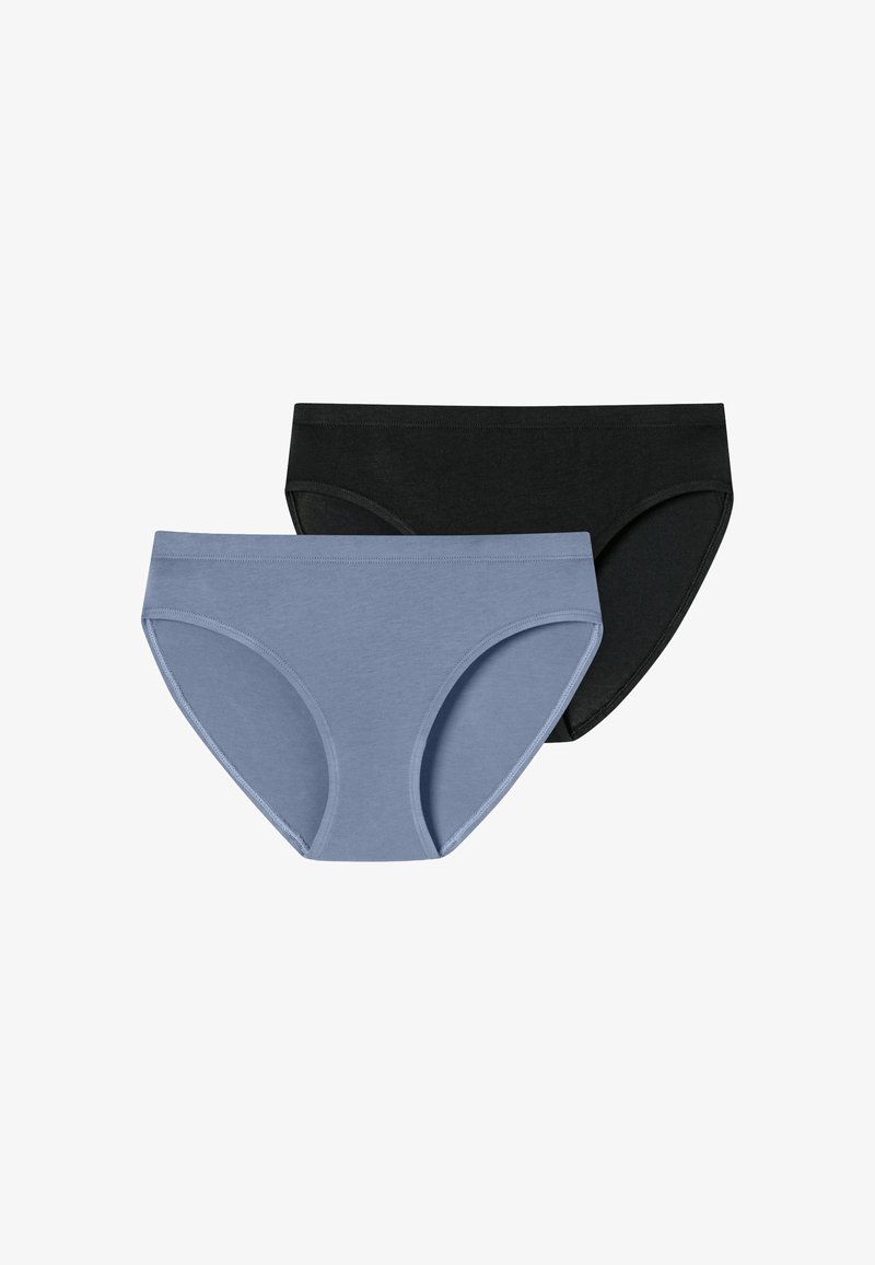 Zwei Paare Damenunterwäsche: eines in hellblau und eines in schwarz. Beide haben einen glatten Stoff, ein einfaches Design und einen mittelhohen Schnitt.