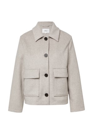 Veste en mélange de laine gris clair avec un col, fermeture à boutons sur le devant et deux poches plaquées sur la poitrine.