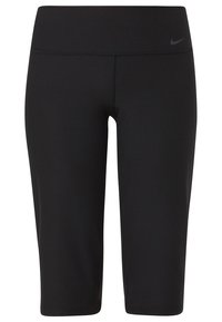 Mustat urheilulliset caprihousut joustavasta kankaasta. Niissä on sileä vyötärönauha ja hienovarainen musta Nike-logo vyötärönauhassa.