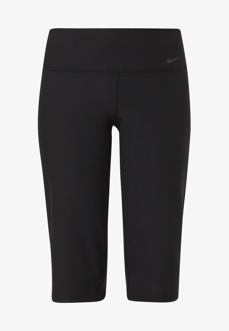 Mustat urheilulliset caprihousut joustavasta kankaasta. Niissä on sileä vyötärönauha ja hienovarainen musta Nike-logo vyötärönauhassa.