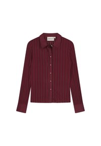 Bordeaux langovershirt met verticale strepen, knoopsluiting aan de voorkant, puntige kraag en geknoopte manchetten. Vlotte stoftextuur.